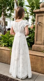 Daydream white lace LDS baptism dress with satin underlay and cap sleeves