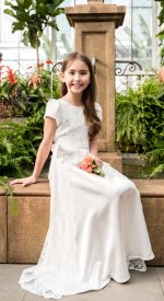 Daydream white lace LDS baptism dress with satin underlay and cap sleeves