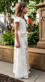 Daydream white lace LDS baptism dress with satin underlay and cap sleeves