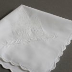 Women's LDS all white temple hankie with temple embroidered on it