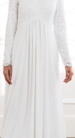London white stretch lace empire waist modest LDS temple bridal dress