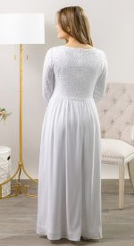 London LDS temple dress with flattering fit, long sleeves, and modest neckline in crisp white