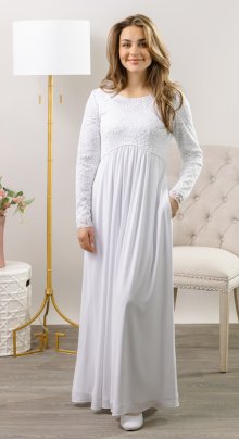 Plus-size LDS temple dress in easy-care fabric that’s washable, non-shrink, and wrinkle-resistant