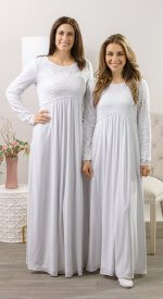 Stretch lace London LDS temple dress available in tall and petite sizes, designed for a smooth fit