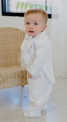 Baby boy in all white tux LDS baby blessing Catholic baptism