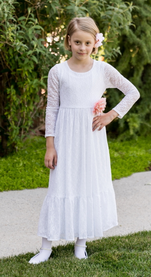 Enchanted all white LDS baptism or communion dress with sleeves modest