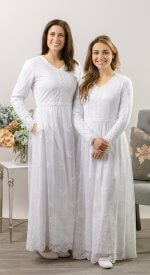 Savannah LDS temple dress in embroidered lace with long sleeves and elegant, full-length design