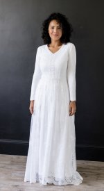 Savannah lace overlay v-neck modest white women's dresses LDS temple bridal
