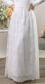 Detail view of Savannah LDS temple dress showing embroidered English netting fabric