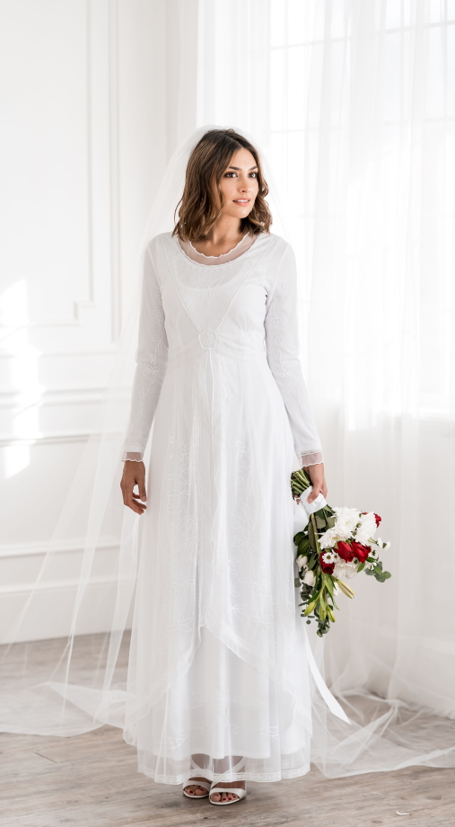 Marseille long sleeve wedding dress white with embroidery LDS temple
