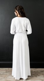Syracuse white LDS temple dress knit with dolman sleeves and ruched drop waist