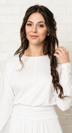 Syracuse white LDS temple dress knit with dolman sleeves and ruched drop waist