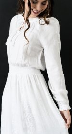 Side view close up of Barcelona LDS temple dress smocked waist and 2 pockets