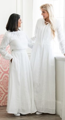 Barcelona white cotton gauze LDS temple dress with elastic waist and embroidery