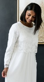 Madison LDS Temple Dress with stretch lace top chiffon bottom