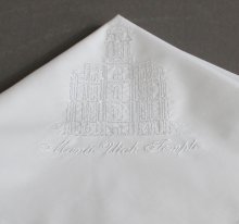 Mens embroidered LDS wedding handkerchief close up temple design