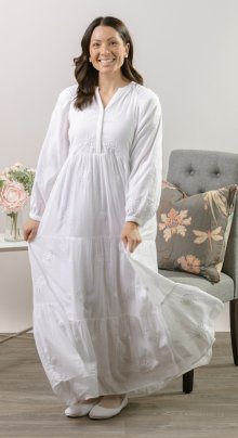 Lahaina LDS temple dress in tall sizing, featuring embroidered detail and breathable cotton fabric