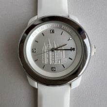 White Temple Watch – Close-up of LDS watch face featuring the Salt Lake Temple, stone indexes, and stainless steel bezel.