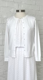 Bora Bora Set – White LDS Temple outfit with an embroidered blouse, tiered skirt, and pearl-button cardigan sweater with pockets.