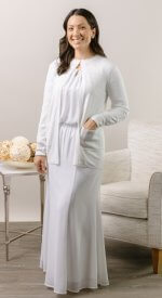 White Montecito set with pointelle knit sweater and matching skirt for LDS temple wear