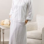 LDS temple set featuring Bora Bora white blouse and embroidered skirt with modest silhouette