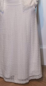 Fortaleza white lace A-line LDS Temple skirt with deep side pockets, elastic waist back, and a modest, elegant design.