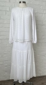 Sea Cliff Set – White embroidered LDS Temple blouse with a keyhole neckline and matching tiered skirt for a classic look.