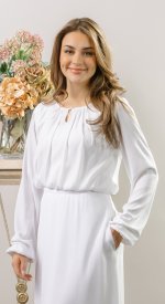 White pleated LDS temple top tucked into skirt, shown in washable fabric and available in sizes XS to 2XL