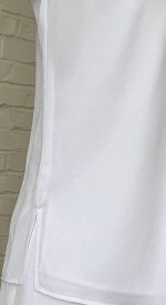 Montecito Blouse – Close-up of white wrinkle-free LDS Temple blouse featuring fine stitching and side vent detail