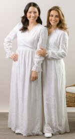Branson white LDS temple dress with eyelet detailing, long sleeves, and modest full-length design