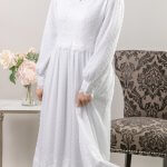 Edinburgh LDS temple dress in fitted lace and chiffon with front zipper and long sleeves
