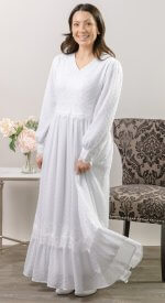 Edinburgh LDS temple dress in fitted lace and chiffon with front zipper and long sleeves
