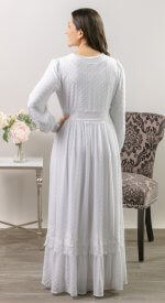 White LDS temple dress in lace and georgette with front zipper, long sleeves, and side pockets