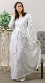 Cairo white cotton knit lds temple dress with lace vest