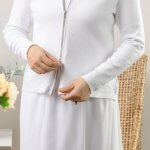 all white LDS temple sweater with 2 way zip front long sleeve cotton smooth texture