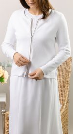 all white LDS temple sweater with 2 way zip front long sleeve cotton smooth texture