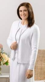 all white LDS temple sweater with 2 way zip front long sleeve cotton smooth texture