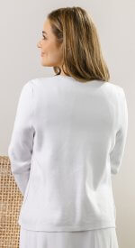 all white LDS temple sweater with 2 way zip front long sleeve cotton smooth texture