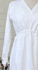Winnipeg 100% white cotton dress with floral pattern and high v neck LDS temple dress modest white dress