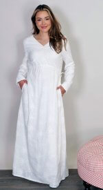 Winnipeg 100% white cotton dress with floral pattern and high v neck LDS temple dress modest white dress